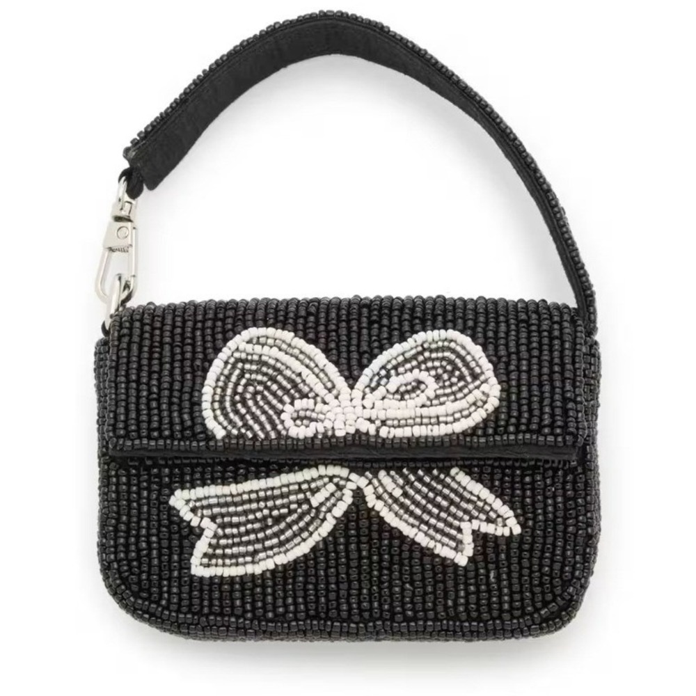 Kelly & Katie Women Beaded Mini Bag Bow Design Boho Crescent Satchel Black Small
